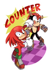 Size: 1039x1390 | Tagged: safe, artist:karutasg, knuckles the echidna, mighty the armadillo, 2026, 35 days sonic, :|, clenched fists, duo, english text, faic, male, punching, shrunken pupils, standing, text
