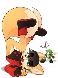 Size: 800x1067 | Tagged: safe, artist:fluffyeviltails, artist:tetsumiles, miles (anti-mobius), scourge the hedgehog, 2026, duo, exclamation mark, eye clipping through hair, gay, lidded eyes, male, scouriles, shipping, simple background, smile, upside down, white background