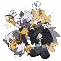 Size: 2042x2048 | Tagged: safe, artist:yuxiel566, tangle the lemur, whisper the wolf, 2026, arm around shoulders, blushing, cute, duo, eyes closed, frown, looking at viewer, question mark, simple background, smile, standing, tongue out, v sign, white background, wink