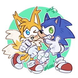 Size: 1024x1024 | Tagged: safe, artist:yuxiel566, miles "tails" prower, sonic the hedgehog, 2025, arms folded, blushing, duo, outline, pointing, signature, smile, wink