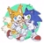 Size: 1024x1024 | Tagged: safe, artist:yuxiel566, miles "tails" prower, sonic the hedgehog, fox, hedgehog, 2025, arms folded, blushing, duo, male, outline, pointing, signature, smile, wink
