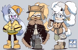 Size: 2048x1311 | Tagged: safe, artist:bobflow1997, lanolin the sheep, tangle the lemur, whisper the wolf, 2025, bag, beanie, coat, coffee, diamond cutters, drink, eyes closed, fangs, grey background, hat, holding something, jacket, simple background, smile, trio, ushanka hat, winter outfit