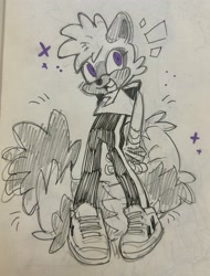 Size: 1560x2048 | Tagged: safe, artist:yuxiel566, tangle the lemur, 2025, chest fluff, greyscale, hands behind back, line art, monochrome, mouth open, sketch, smile, solo, sparkles, spot color, standing, traditional media
