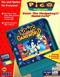 Size: 536x684 | Tagged: safe, amy rose, miles "tails" prower, sonic the hedgehog, fox, hedgehog, amy's schoolgirl outfit, box art, classic amy, classic sonic, classic tails, ec rating, esrb, female, gloves, male, official artwork, sega pico, shoes, skirt, sonic the hedgehog's gameworld, trio