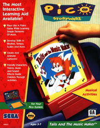 Size: 536x684 | Tagged: safe, miles "tails" prower, fox, human, box art, classic tails, gloves, irl human, male, musical notes, official artwork, piano, sega pico, shoes, solo, tails and the music maker