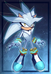 Size: 1280x1862 | Tagged: safe, artist:elfreiart, silver the hedgehog, hedgehog, looking at viewer, male, solo, space, star (sky)
