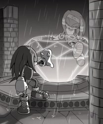 Size: 1707x2048 | Tagged: safe, artist:gamertimeartz, knuckles the echidna, tikal, echidna, 2026, 35 days sonic, duo, eyes closed, female, ghost, greyscale, male, master emerald, master emerald shrine, monochrome, outdoors, rain, sitting, smile, standing, treads