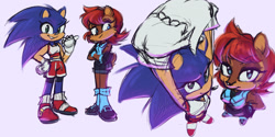 Size: 2048x1022 | Tagged: safe, artist:galacticghoste, sally acorn, sonic the hedgehog, chipmunk, hedgehog, 2025, duo, female, gender swap, grin, hands on hips, lesbian, looking at viewer, looking offscreen, pointing, purple background, sally x sonic, shipping, simple background, smile, smiling at viewer, standing, stretching