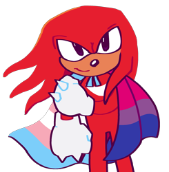 Size: 1843x1880 | Tagged: safe, artist:sonicpridecorner, knuckles the echidna, 2026, bisexual, bisexual pride, cape, male, pride, pride flag, pride month, simple background, smile, solo, standing, trans boy knuckles, trans male, trans pride, transgender, transparent background