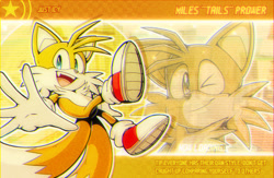 Size: 1425x930 | Tagged: safe, artist:just1cy, miles "tails" prower, 2026, character name, english text, loading screen, male, mouth open, one fang, outline, reaching out, reaching towards the viewer, redraw, smile, solo, text, treads, wink