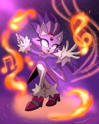 Size: 1638x2047 | Tagged: safe, artist:theglitched0wl, blaze the cat, 2026, arms out, eyelashes, female, fire, flame, galaxy background, holding something, mouth open, musical note, smile, solo, standing, whiskers