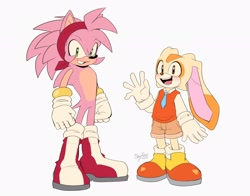 Size: 2048x1608 | Tagged: safe, artist:piko_nae, amy rose, cream the rabbit, 2026, duo, flat colors, gender swap, grey background, headscarf, looking at viewer, male, signature, simple background, smile, standing, waving