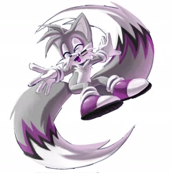 Size: 2035x2048 | Tagged: safe, artist:lebluenooki, miles "tails" prower, 2026, arms out, asexual, asexual pride, eyes closed, face paint, flying, fur markings, happy, limited palette, male, mid-air, mouth open, pride, pride flag, pride month, simple background, smile, solo, spinning tails, white background