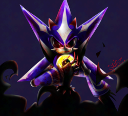 Size: 2894x2619 | Tagged: semi-grimdark, metal sonic, neo metal sonic, sonic the hedgehog, angry, black sclera, blood, fight, nighttime, smile, watermark