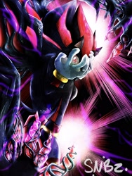 Size: 1200x1600 | Tagged: semi-grimdark, metal sonic, neo metal sonic, shadow the hedgehog, agony, angry, crying, doom morph, doom shadow, fight, flying, nighttime, skullznbirdz, stars, super form, watermark