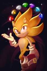 Size: 1372x2048 | Tagged: safe, artist:maira_noe_, sonic the hedgehog, super sonic, 2026, chaos emerald, flying, lineless, male, mid-air, smile, solo, space, sparkles, super form