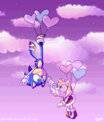 Size: 1000x1181 | Tagged: safe, artist:pikoreto, amy rose, sonic the hedgehog, hedgehog, amy's halterneck dress, amybetes, animated, balloon, blushing, cloud, cute, dress, gif, gloves, looking at each other, shoes, signature, smiling, sonabetes, upside down