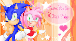 Size: 600x327 | Tagged: safe, artist:cha0zgallant, amy rose, sonic the hedgehog, hedgehog, 2009, amy's halterneck dress, dress, duo, female, gloves, headband, linking arms, looking at viewer, male, open smile, smile, smiling at viewer