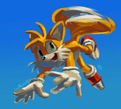 Size: 1280x1152 | Tagged: safe, artist:catmakesart, miles "tails" prower, 2026, daytime, flying, gradient background, lineless, looking at viewer, mid-air, outdoors, signature, smile, solo, spinning tails