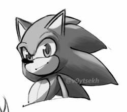 Size: 1280x1126 | Tagged: safe, artist:v0ytsekh, sonic the hedgehog, 2026, bust, greyscale, looking at viewer, monochrome, signature, simple background, smile, solo, white background