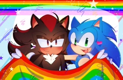 Size: 2047x1334 | Tagged: safe, artist:mimi_tuna, shadow the hedgehog, sonic the hedgehog, 2026, bisexual, bisexual pride, blushing, cute, demisexual, demisexual pride, duo, gay, gay pride, holding something, looking at viewer, pride, pride flag, pride month, rainbow, shadow x sonic, shadowbetes, shipping, smile, sonabetes, sparkles, star (symbol)