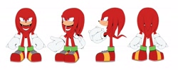 Size: 2048x811 | Tagged: safe, artist:thatbirdguy_, knuckles the echidna, 2026, flat colors, looking at viewer, looking offscreen, multiple views, reference sheet, simple background, smile, solo, standing, white background