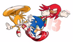 Size: 2048x1229 | Tagged: safe, artist:calisdraws, knuckles the echidna, miles "tails" prower, sonic the hedgehog, 2026, 35 days sonic, flying, gliding, looking at each other, mid-air, running, signature, simple background, smile, spinning tails, team sonic, trio, white background