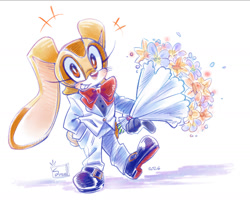 Size: 1700x1395 | Tagged: safe, artist:pespillo, cream the rabbit, 2026, bouquet, bow, bowtie, creamabetes, crossdressing, cute, hand in pocket, looking at viewer, pants, pointing, simple background, smile, solo, standing, standing on one leg, suit, tomboy, treads, white background