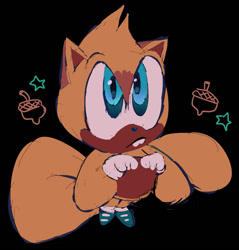Size: 886x927 | Tagged: safe, artist:bobbutterbutt, ray the flying squirrel, 2026, acorn, black background, buck teeth, frown, looking offscreen, paw pose, simple background, solo, star (symbol)