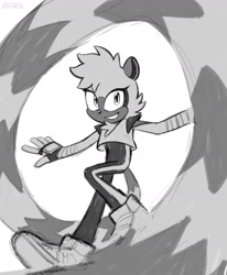 Size: 1280x1550 | Tagged: safe, artist:city-escaped, tangle the lemur, 2026, arms out, clenched teeth, greyscale, long tail, looking at viewer, monochrome, simple background, smile, solo, white background