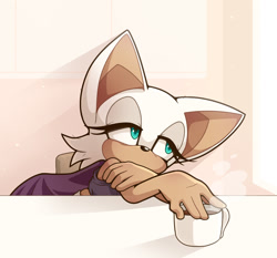 Size: 1171x1092 | Tagged: safe, artist:seventeendeer, rouge the bat, 2026, alternate outfit, cup, leaning, leaning forward, lidded eyes, looking offscreen, shirt, sitting, solo