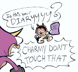 Size: 1803x1676 | Tagged: safe, artist:charmsterz, charmy bee, espio the chameleon, 2026, dairy, dialogue, duo, english text, flat colors, holding something, looking at each other, pointing, shouting, simple background, smile, talking, text, this won't end well, tongue out, white background