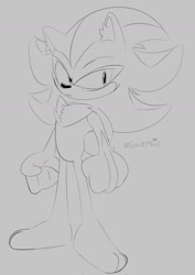 Size: 1280x1811 | Tagged: safe, artist:somebodystolemybread, shadow the hedgehog, 2026, barefoot, clenched fists, ear fluff, frown, gloves off, grey background, line art, monochrome, paws, signature, simple background, solo, standing