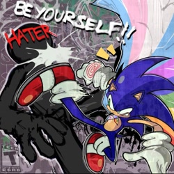 Size: 1079x1079 | Tagged: safe, artist:genkiii05, sonic the hedgehog, human, 2026, cape, dreamcast logo, duo, english text, gay pride, kicking, motivation, outline, positivity, pride, pride month, silhouette, text, trans pride