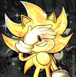 Size: 972x991 | Tagged: safe, artist:genkiii05, sonic the hedgehog, super sonic, 2026, covering eyes, covering face, michael jackson, smile, solo, sparkles, standing, super form