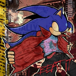 Size: 2048x2048 | Tagged: safe, artist:genkiii05, sonic the hedgehog, 2026, abstract background, alternate outfit, belt, clenched teeth, clothes, dreamcast logo, ear piercing, earring, echo background, english text, eyes closed, fingerless gloves, jacket, open jacket, outline, pants, parental advisory sticker, shine, shirt, solo, standing, text