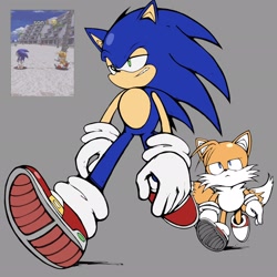 Size: 2048x2048 | Tagged: safe, artist:genkiii05, miles "tails" prower, sonic the hedgehog, sonic adventure, 2026, :<, annoyed, clenched teeth, cute, duo, frown, grey background, lidded eyes, meme, redraw, reference inset, simple background, tailabetes, treads, walking