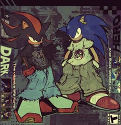 Size: 736x760 | Tagged: safe, artist:genkiii05, shadow the hedgehog, sonic the hedgehog, sonic adventure 2, 2026, abstract background, alternate outfit, clothes, duo, ear piercing, earring, english text, frown, hands in pocket, jeans, looking at viewer, pants, shirt, smile, standing, text, words on a shirt