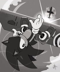 Size: 1707x2048 | Tagged: safe, artist:gamertimeartz, sonic the hedgehog, sonic adventure 2, 2026, 35 days sonic, board, clenched teeth, clouds, daytime, falling, flat colors, greyscale, helicopter, lens flare, looking at viewer, mid-air, monochrome, outdoors, redraw, signature, smile, soap shoes, solo, sun, upside down