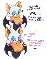 Size: 2160x2700 | Tagged: suggestive, artist:sirsmolnsfw, rouge the bat, bat, areola, arms behind head, breasts, dialogue, female, from above, hands on hips, looking at viewer, looking up, looking up at viewer, offscreen character, one eye closed, simple background, solo, white background