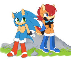 Size: 2400x2000 | Tagged: safe, artist:syrcaii, sally acorn, sonic the hedgehog, oc, oc:maurice the hedgehog (syrcaii), chipmunk, hedgehog, 2022, au:resonance, duo, female, looking offscreen, nonbinary, rock, sally x sonic, sally's ringblader outfit, shipping, simple background, sitting, white background