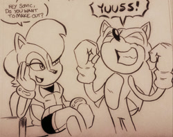 Size: 1280x1016 | Tagged: safe, artist:chauvels, sally acorn, sonic the hedgehog, chipmunk, hedgehog, 2015, black and white, chair, dialogue, duo, english text, eyes closed, female, happy, looking at them, male, sally x sonic, sally's ringblader outfit, shipping, simple background, sitting, speech bubble, straight, traditional media
