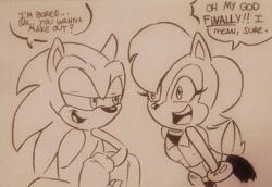 Size: 1280x880 | Tagged: safe, artist:chauvels, sally acorn, sonic the hedgehog, chipmunk, hedgehog, 2015, black and white, chair, dialogue, duo, english text, female, happy, looking at each other, male, sally x sonic, sally's ringblader outfit, shipping, simple background, sitting, speech bubble, straight, traditional media
