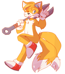 Size: 800x917 | Tagged: safe, artist:batnoise, miles "tails" prower, 2014, chest fluff, eyewear on head, goggles, goggles on head, holding something, looking at viewer, outline, pointing, simple background, smile, solo, tongue out, transparent background, wink, wrench