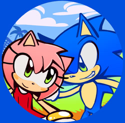 Size: 1119x1102 | Tagged: safe, artist:amydaily, amy rose, sonic the hedgehog, 2026, amybetes, clouds, cute, duo, grass, looking at each other, palm tree, smile, sonabetes, tree, wink