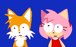 Size: 1805x1110 | Tagged: safe, artist:amydaily, amy rose, miles "tails" prower, 2026, :|, animated, blue background, duo, frown, gif, lineless, looking at each other, looking offscreen, no outlines, simple background
