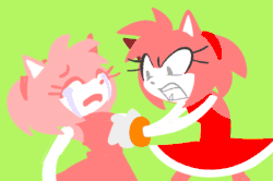 Size: 1283x853 | Tagged: safe, artist:amydaily, amy rose, 2026, angry, animated, crying, duo, eyes closed, gif, grabbing, grabbing shirt, green background, looking at them, mouth open, self paradox, simple background, standing, tears