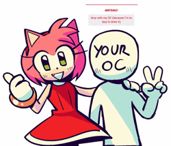 Size: 1249x1070 | Tagged: safe, artist:amydaily, amy rose, oc, 2026, ambiguous gender, amybetes, arm around shoulders, cute, duo, generic mobian, looking at viewer, one fang, simple background, smile, straw.page, thumbs up, unknown oc, unknown species, v sign, white background
