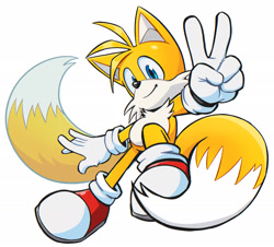 Size: 2048x1855 | Tagged: safe, artist:amp-c, miles "tails" prower, 2026, looking at viewer, simple background, smile, solo, v sign, white background