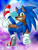 Size: 600x800 | Tagged: safe, artist:rainbowlilyartist, sonic the hedgehog, sonic adventure, 2026, bandana, dark skin, deviantart watermark, looking at viewer, obtrusive watermark, outline, pointing, posing, redraw, smile, solo, treads, watermark